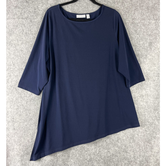 Susan Graver Tunic Top Womens 1X Blue Liquid Knit Asymmetrical Stretchy Casual - Picture 1 of 12